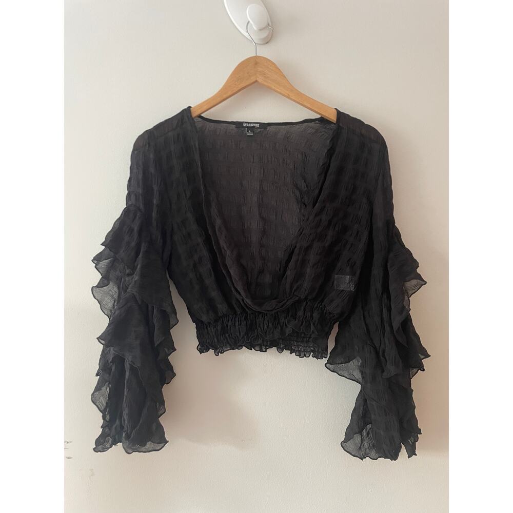 Black Sheer Chiffon Crop Witchy Tiered Ruffle Fluted Sleeve Boho Festival Top L